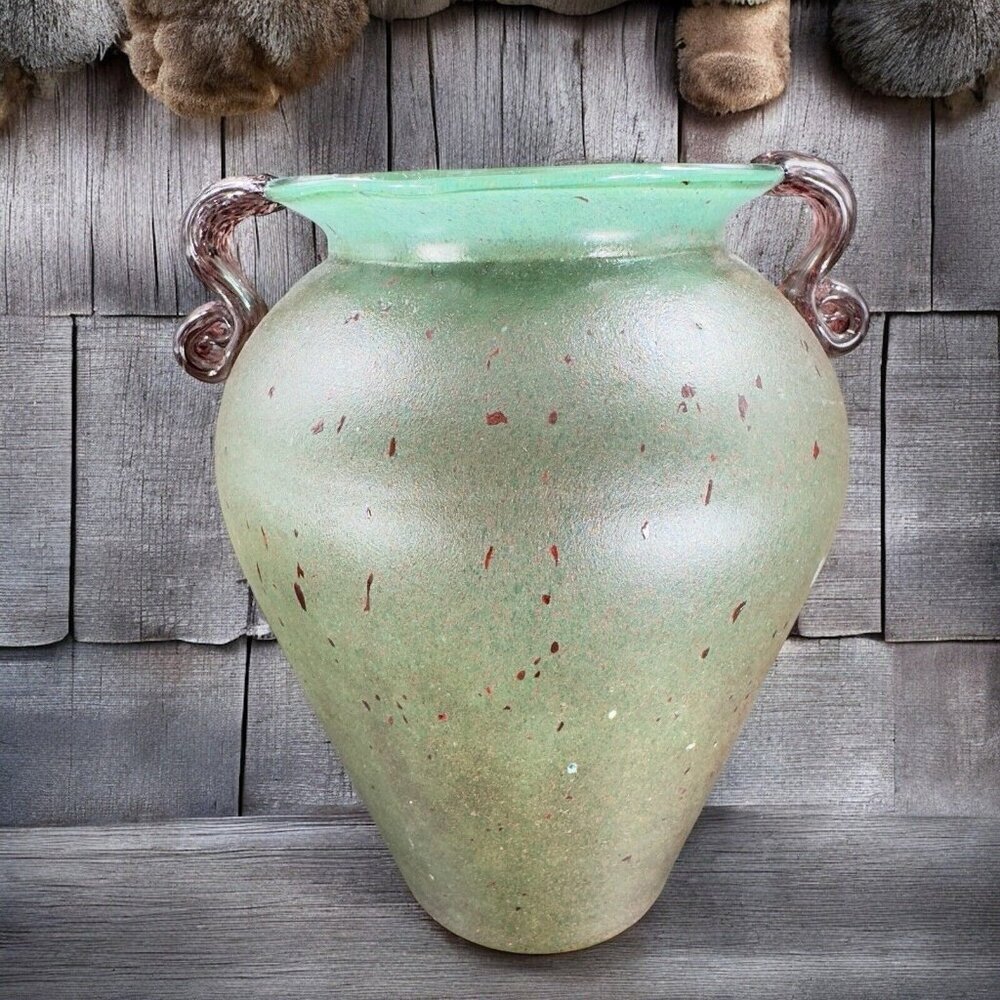 Vintage Blown Glass Vase Vessel Green Textured With Purple Handles Hand Made VTG